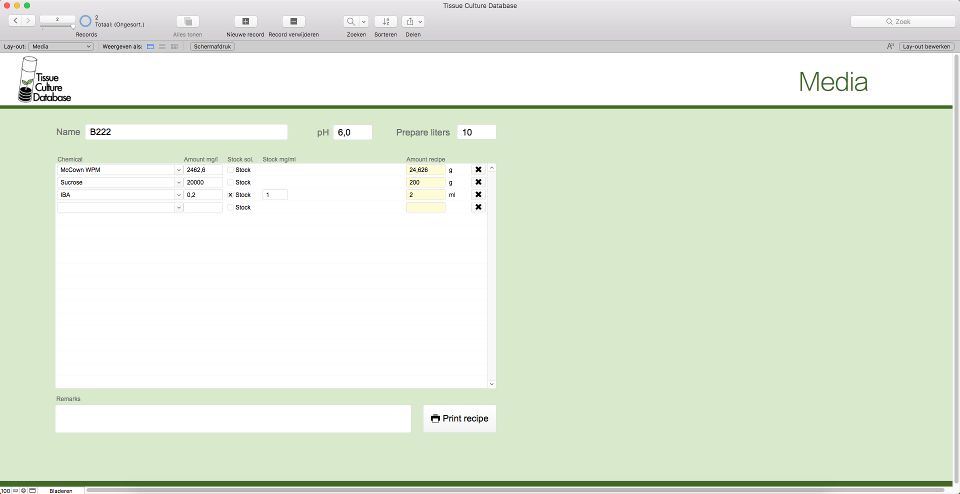 Tissue Culture Database - SCREENSHOTS